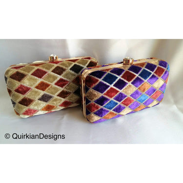 Gold Hard Body Box Clutch Bag With Diamante Clasp, Brown, Green And Grey Velvet Fabric Covered Purse